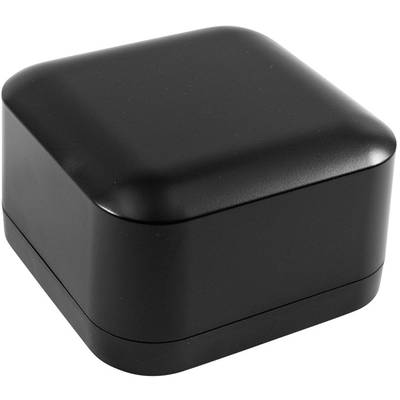 Black, square box with rounded corners, possibly suitable for jewellery. No visible jewellery or specific contents.
