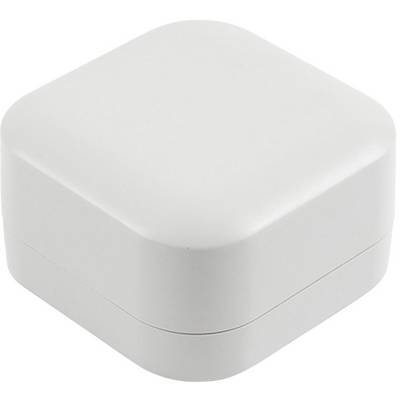White, square box with rounded corners, possibly a packaging or case for a small electronic device.