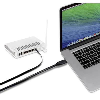 A router is connected to a laptop. The laptop is displaying a green screen.