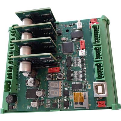 Electronic circuit board with multiple connectors, chips, and digital displays, used for control or communication purposes.