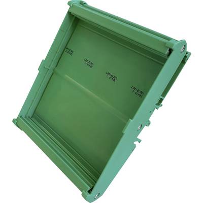 Green plastic storage box with folding sides, used for storing or transporting items.