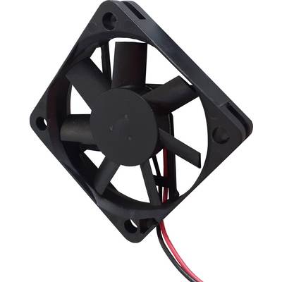 Black computer fan with seven blades and red cables, showing fan blades and electrical connection.