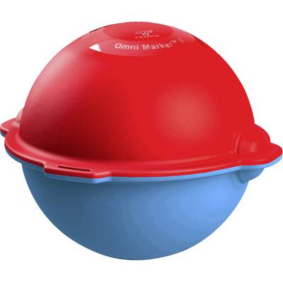 A red and blue round plastic object with 'Omni Marker' written on it. Used for locating hidden items.
