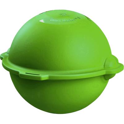 Green, spherical container with the inscription 'Omni Marker II', used for marking underground utility lines.