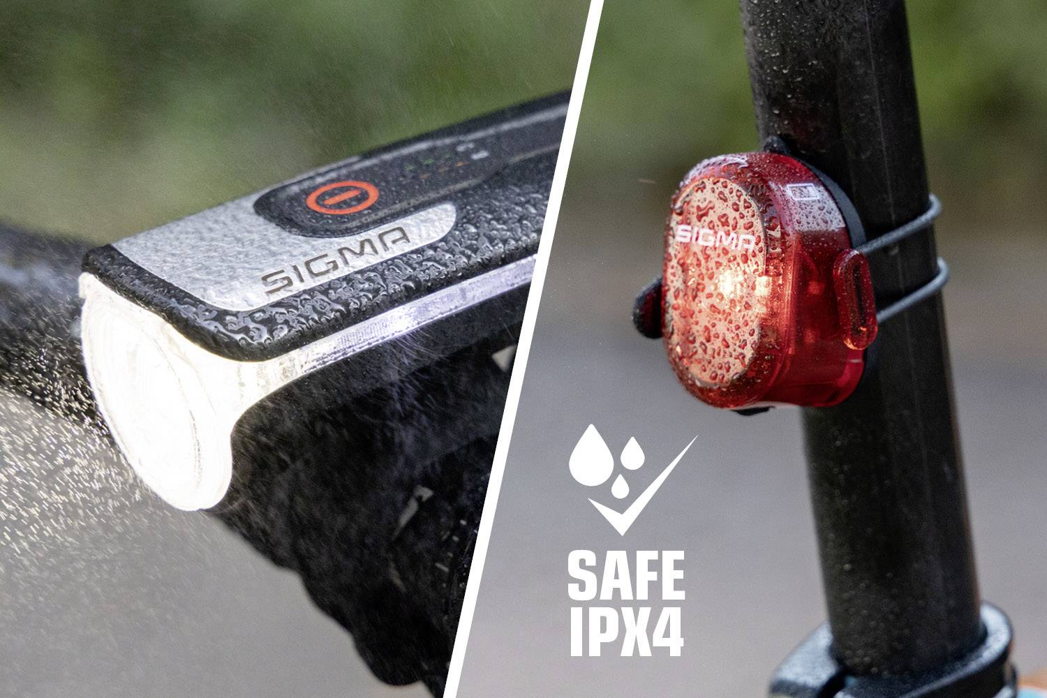 'Bicycle lights front and rear in the rain, weatherproof to IPX4 certification, Sigma brand. Safety ensured in wet conditions.'