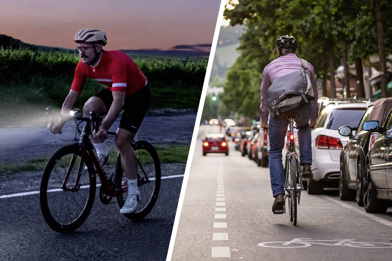 Two cyclists: on the left at dusk on a country road, on the right in daylight in a city; both wearing helmets, lights switched on.