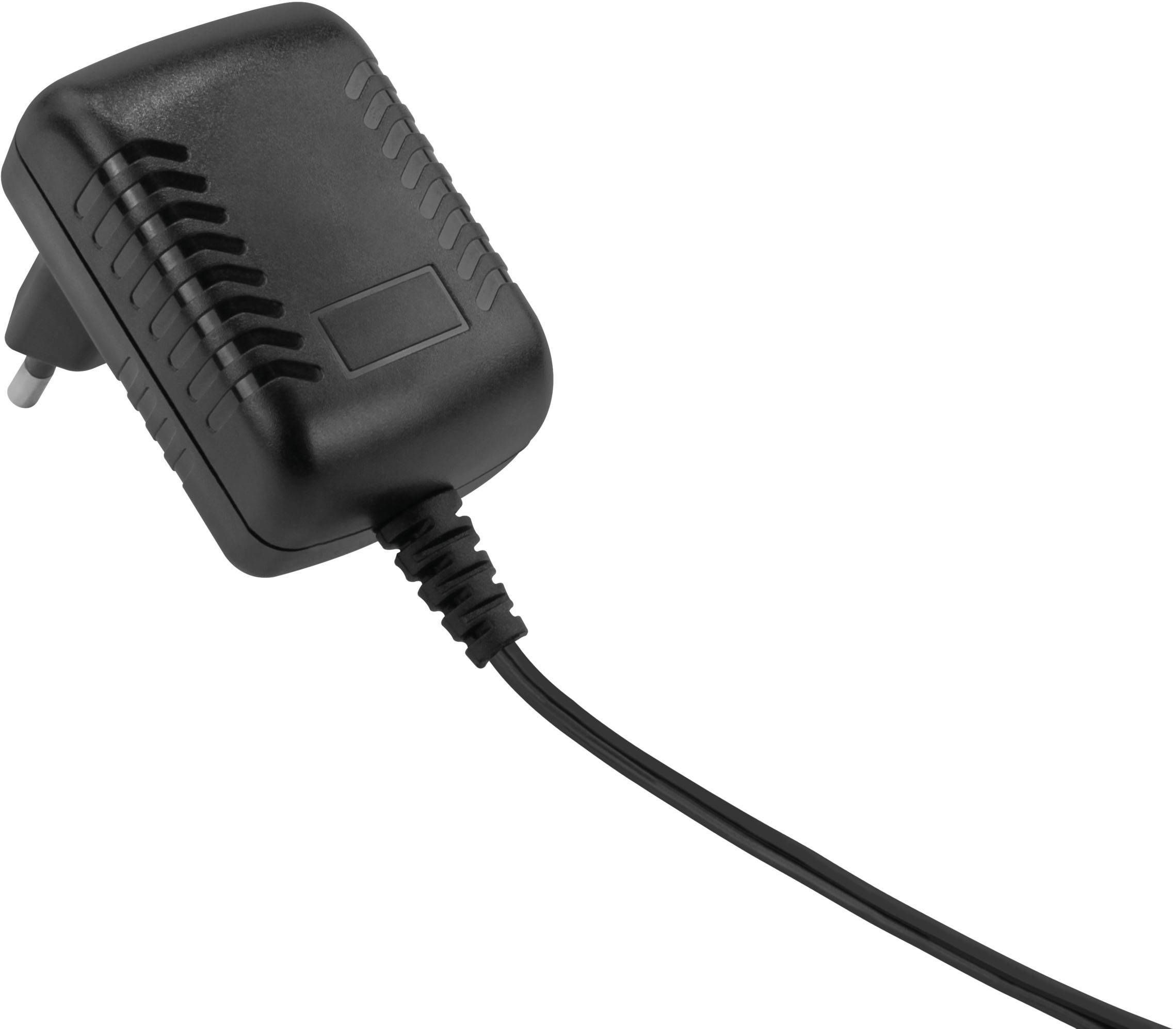 'Black power adapter with power cable and plug, shown in an angled top-down view.'