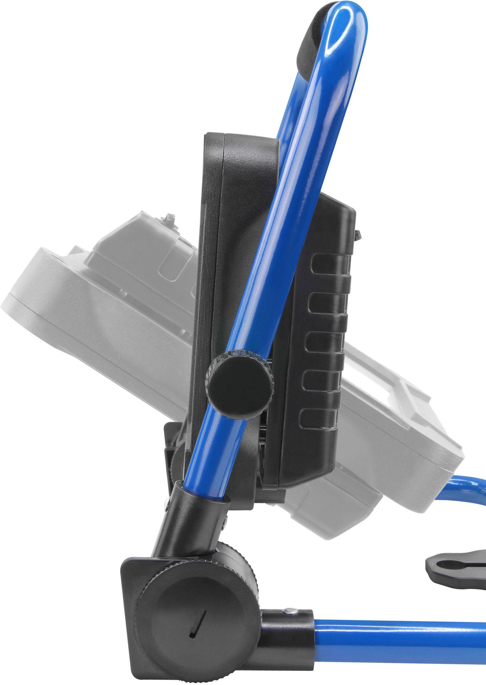 A portable work spotlight with a blue carry handle, viewed from the side. The spotlight is partially folded.