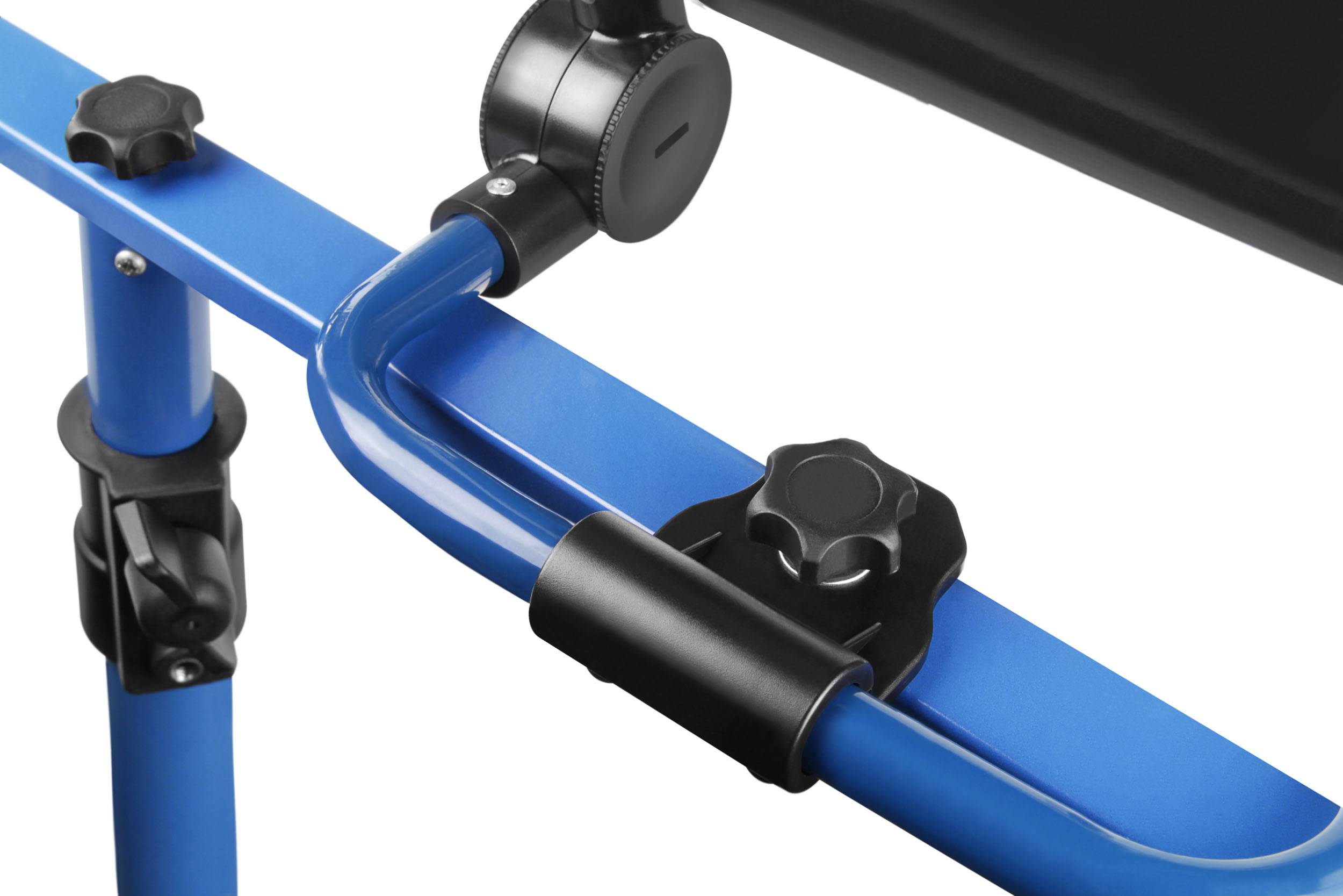 'Close-up of a blue tripod with black mounting elements.'