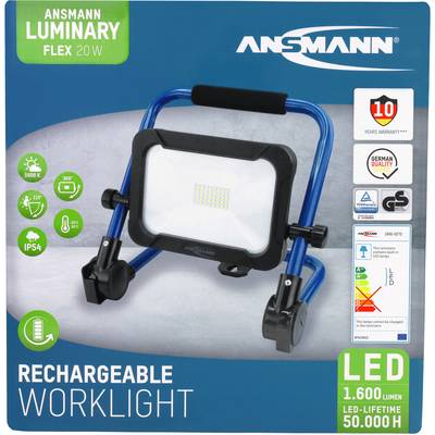 'Ansmann Luminary Flex 20W' rechargeable LED work light with 1600 lumens, 50,000 hours of lifespan, 10-year warranty.