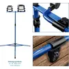 'Blue mounting stand with two halogen lamps. Tripod on wooden base. Article number 1600-0315, not included.'
