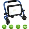 A blue, portable LED floodlight on a robust stand. It has a power output of 20 watts, 1600 lumens, and is rechargeable.