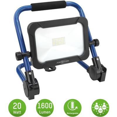 A portable LED work light with 1600 lumens and 20 watts. Rechargeable with charging status indicator: 25%, 50%, 100%.