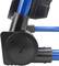 An adjustable joint of a blue metal frame, secured with a black plastic lock.