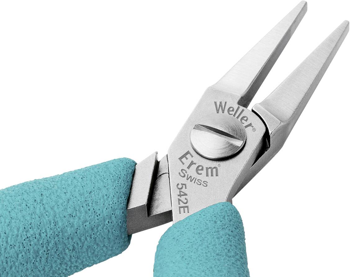 A silver pair of pliers with green handles, marked with 'Weller' and 'Erem Swiss 542E', showcases the pinnacle of precision tools.