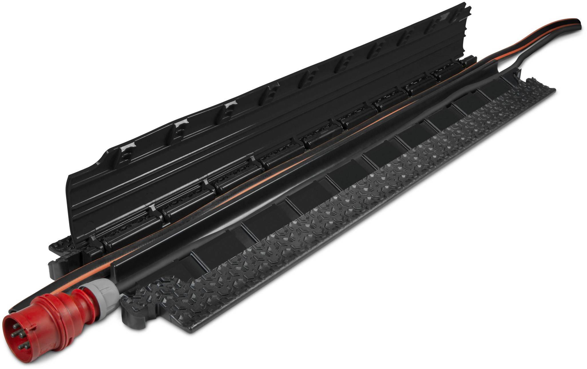 Cable trunking with an open lid, red plug, and black-orange cable routing, showing the internal structure for cable management.