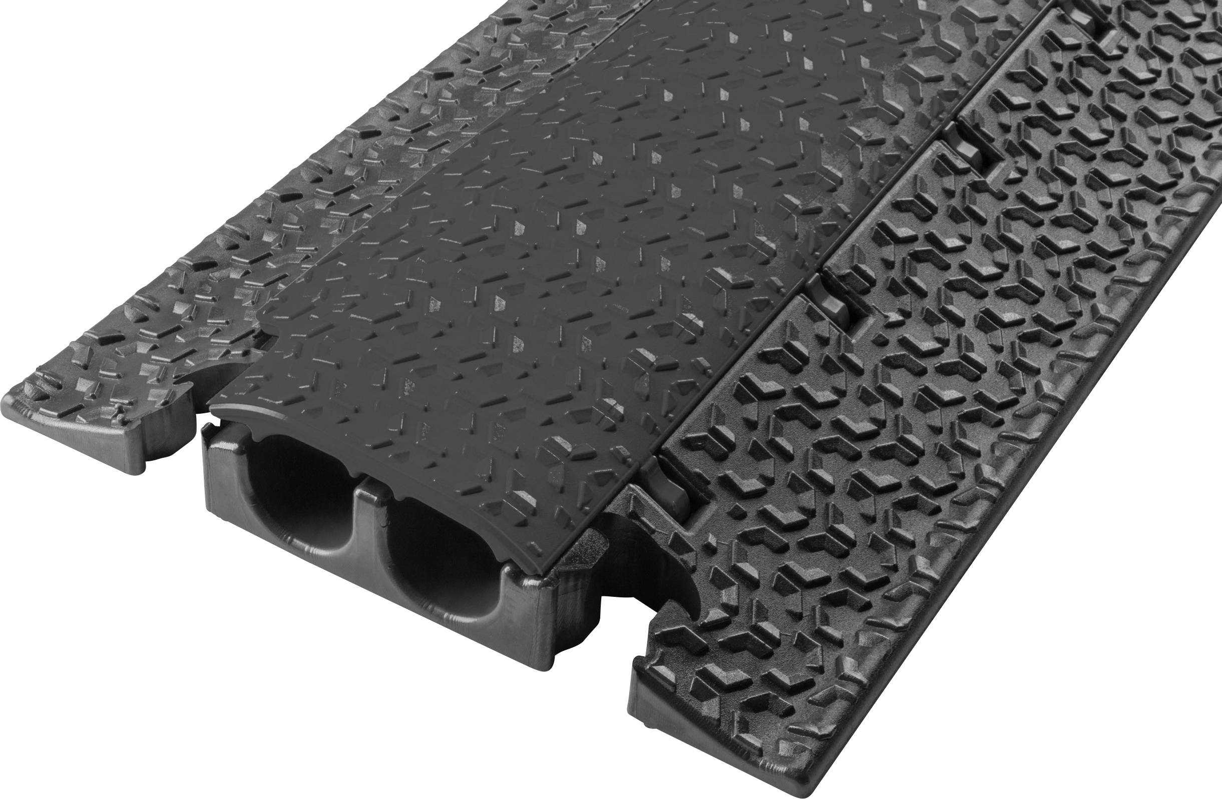 Black, non-slip cable bridge with two channels, designed to safely protect cables and prevent accidents. Ideal for construction sites.