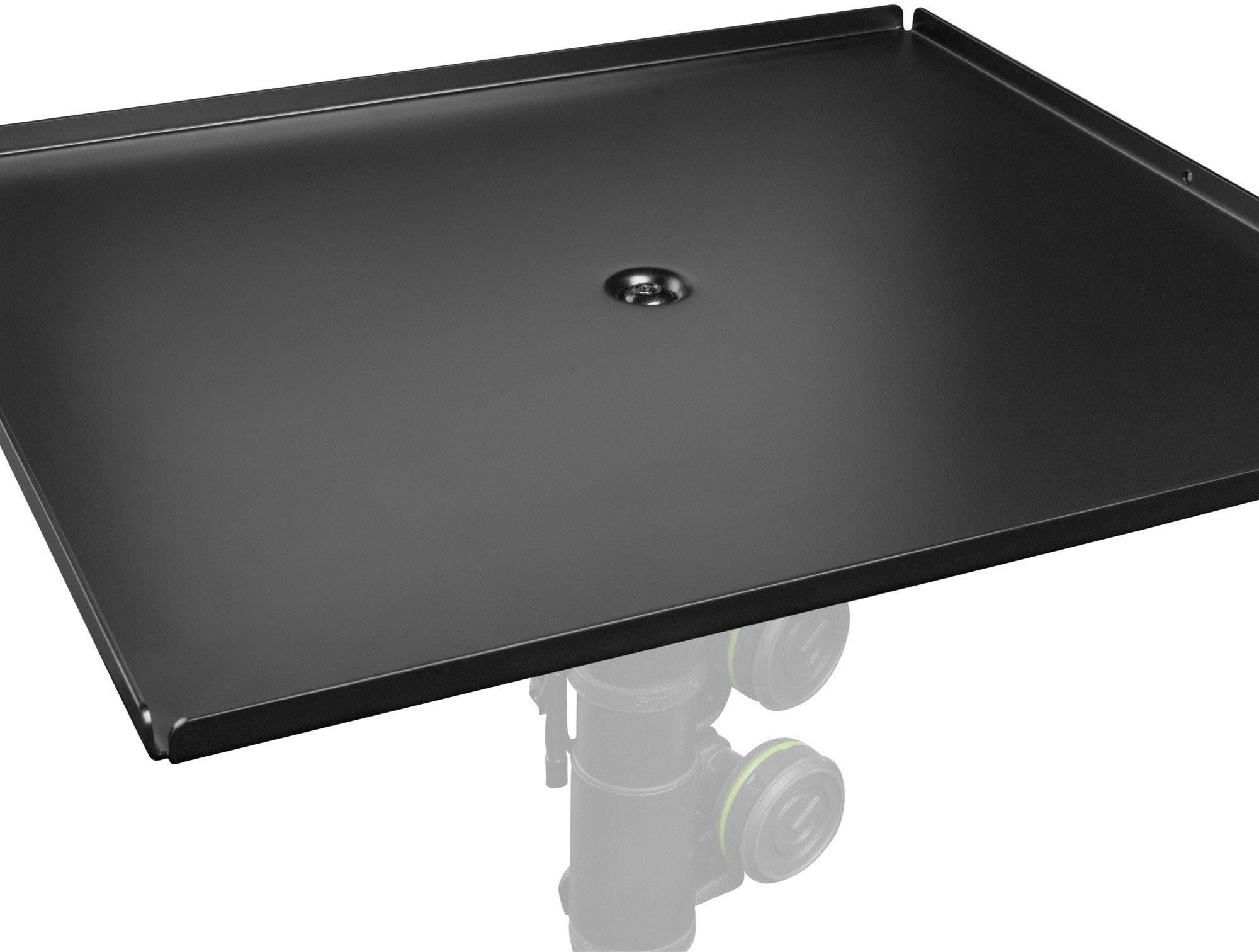 Black tray mounted on a stand, suitable for placing laptops or equipment during photography and video shoots.