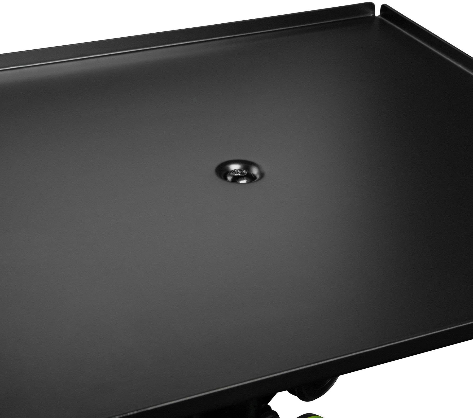 A black table with a smooth surface and rounded corners.