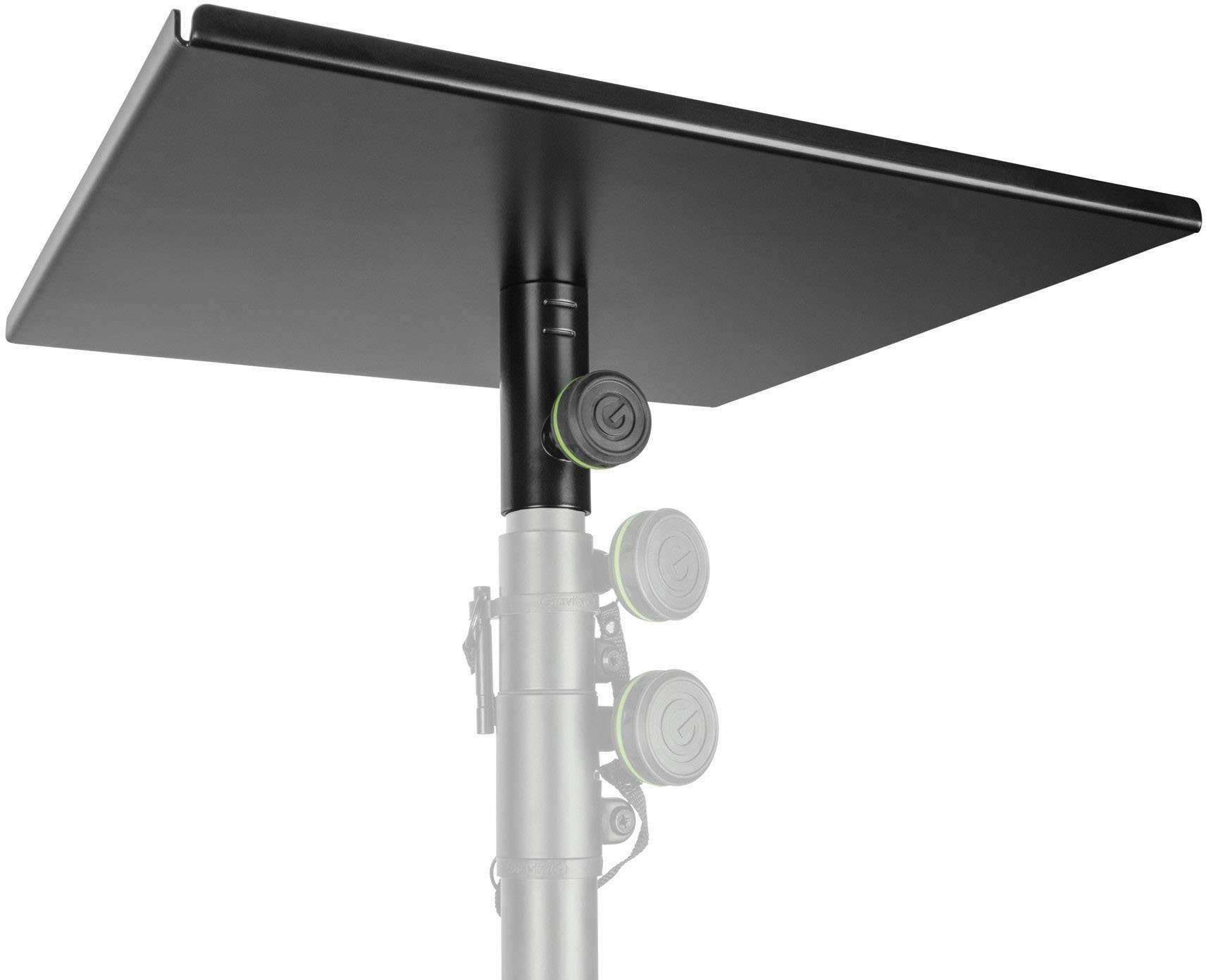 Black laptop stand mounted on adjustable stand, suitable for presentations or conferences.