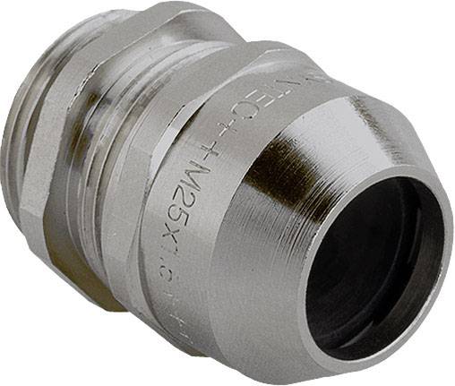 Metal cable gland in silver. It has a cylindrical thread and a smooth surface structure. Suitable for cable securing.