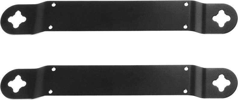 Two black metal plates with four holes at each end, suitable for mounting or connecting to a surface.