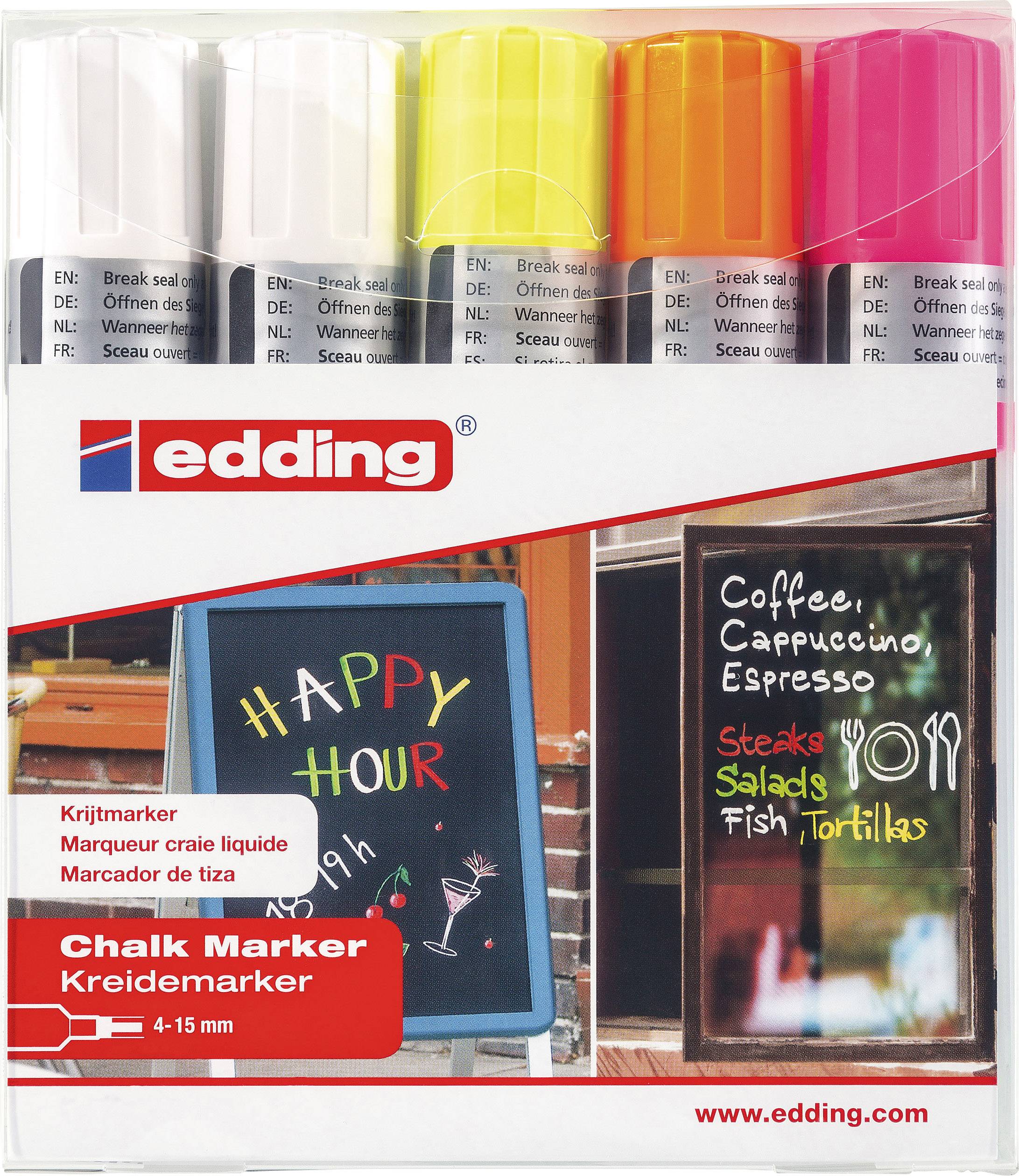 A set of eight chalk markers in different colours by edding. Packaging shows example boards with menu and happy hour.