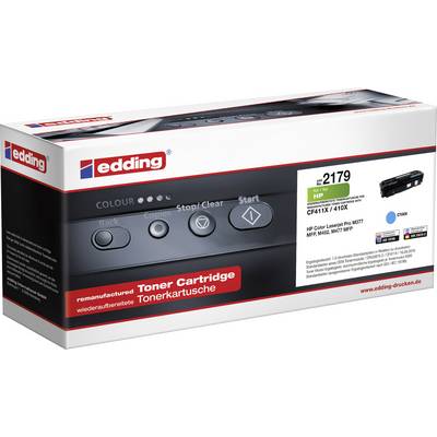 Edding toner cartridge in packaging. Compatible with HP printers and replacing the CF411X/410X model in Cyan.