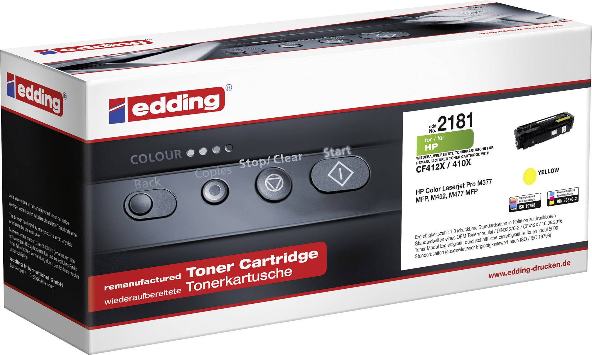 'Printer cartridge, compatible with HP CF412X/410X, Yellow. Edding logo on the packaging. Printer control panel display with buttons.'