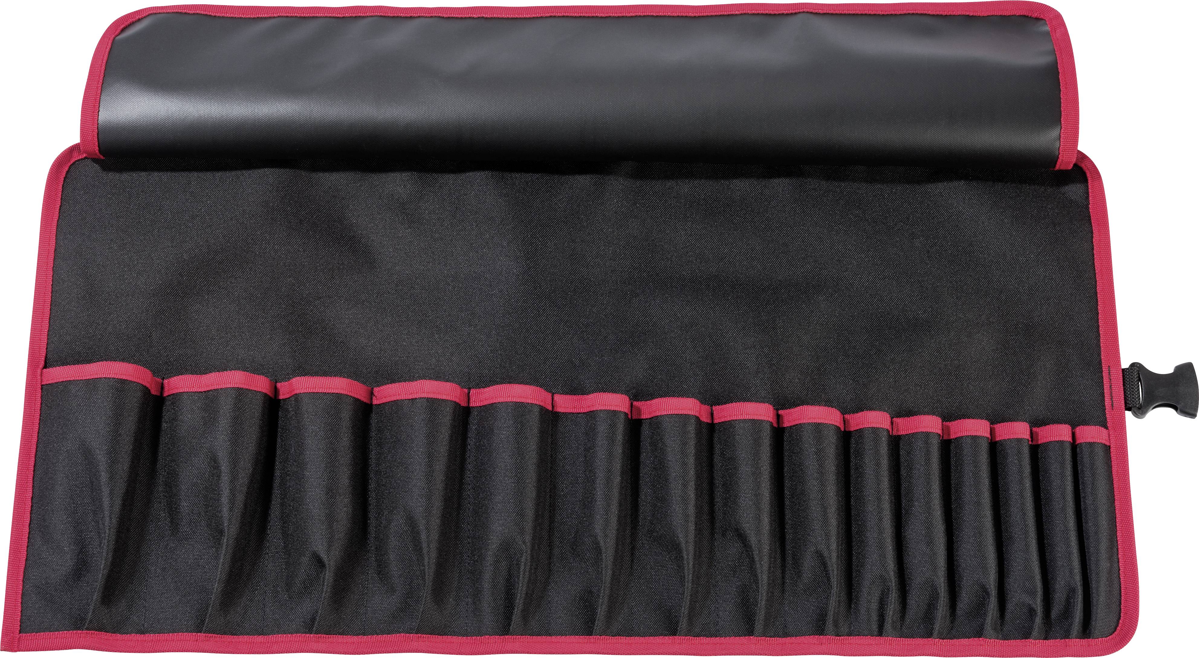 A black tool bag with red accents and multiple compartments for storing tools, partially rolled up.