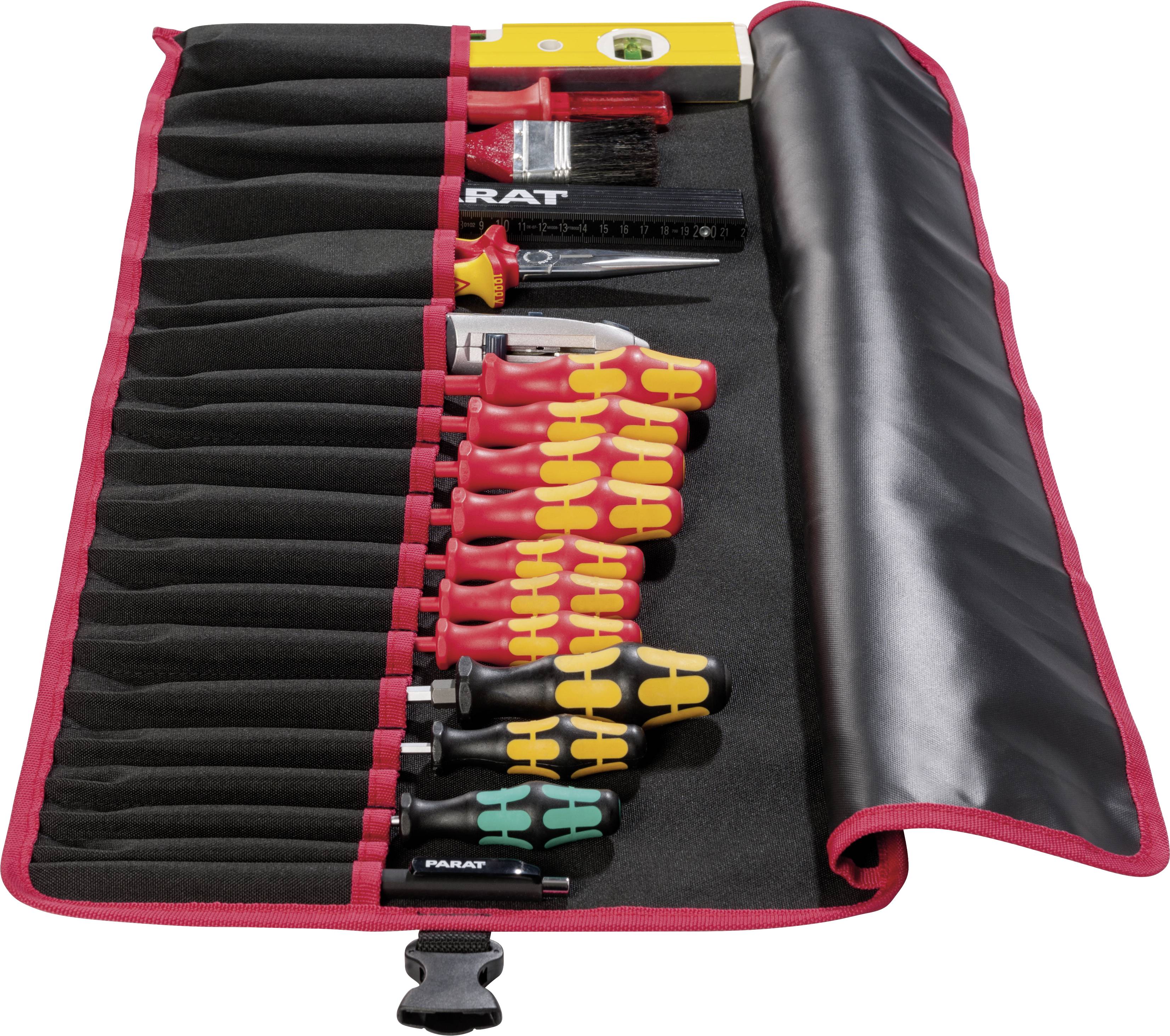 An unfolded tool case displays a variety of screwdrivers and tools, arranged in compartments with red borders.