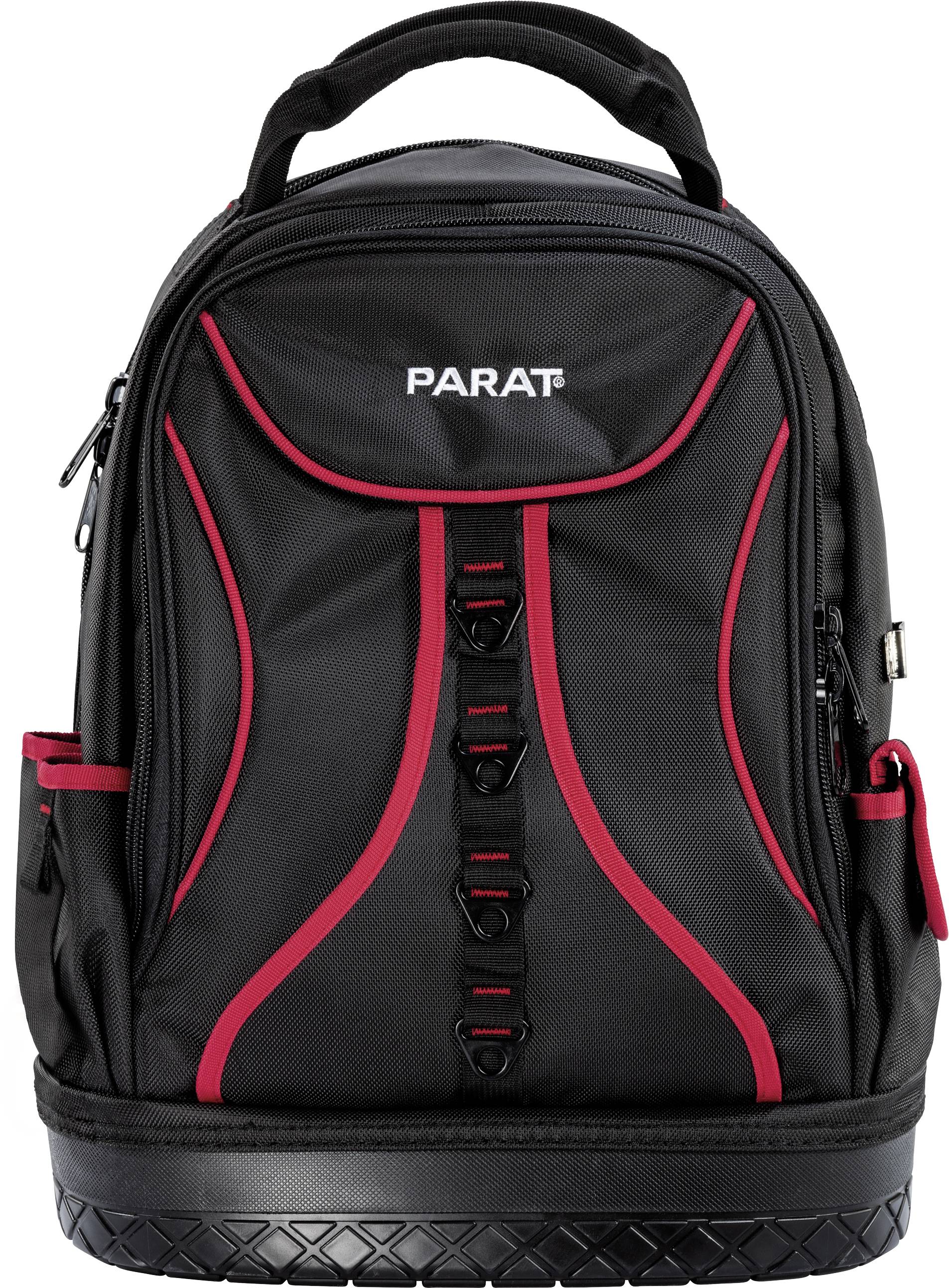 A black rucksack with red accents and the 'PARAT' logo on the front. The rucksack has multiple pockets.