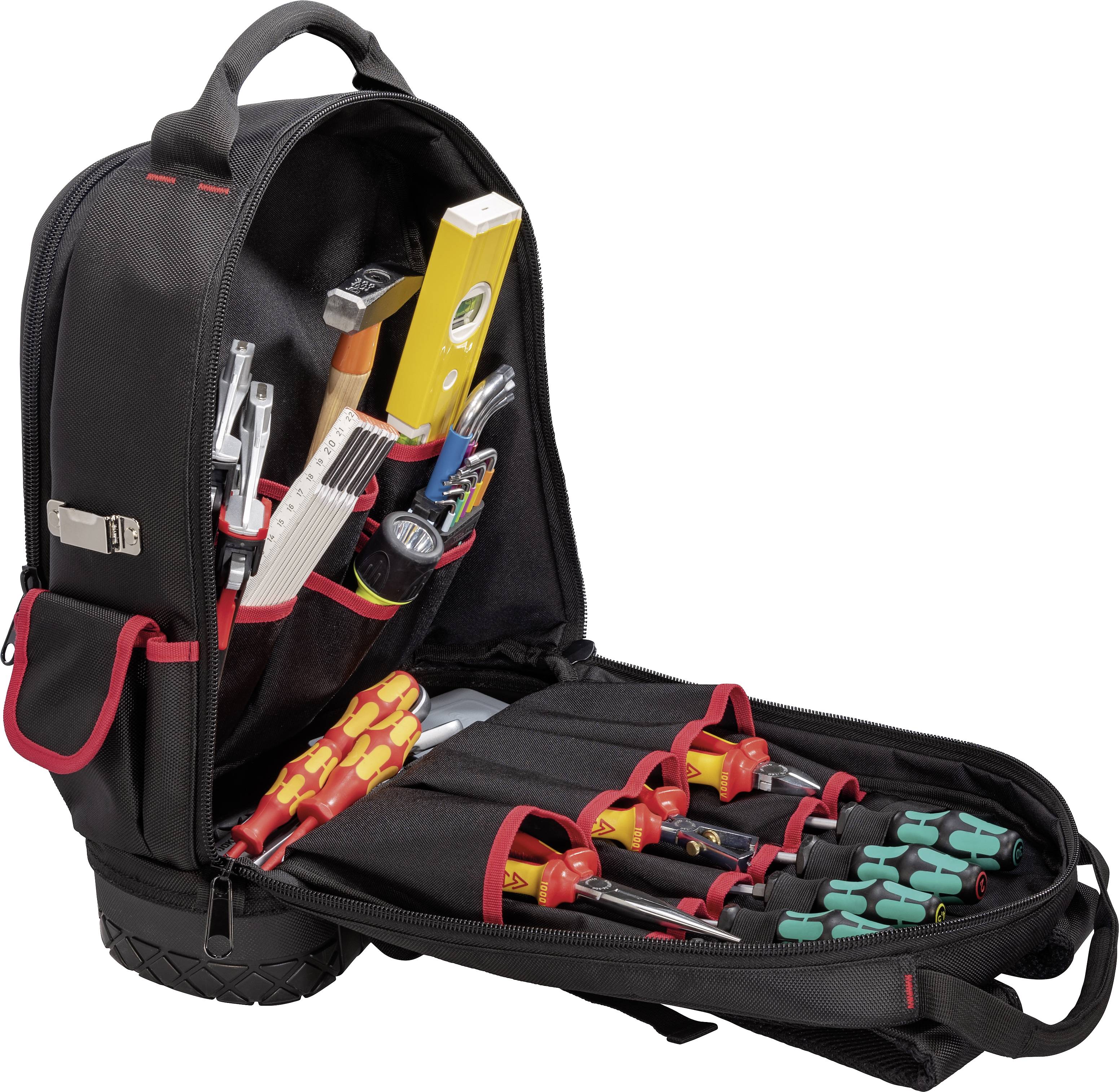 Black tool backpack with an open zip, showing various tools such as screwdrivers, hammer and spirit level inside.