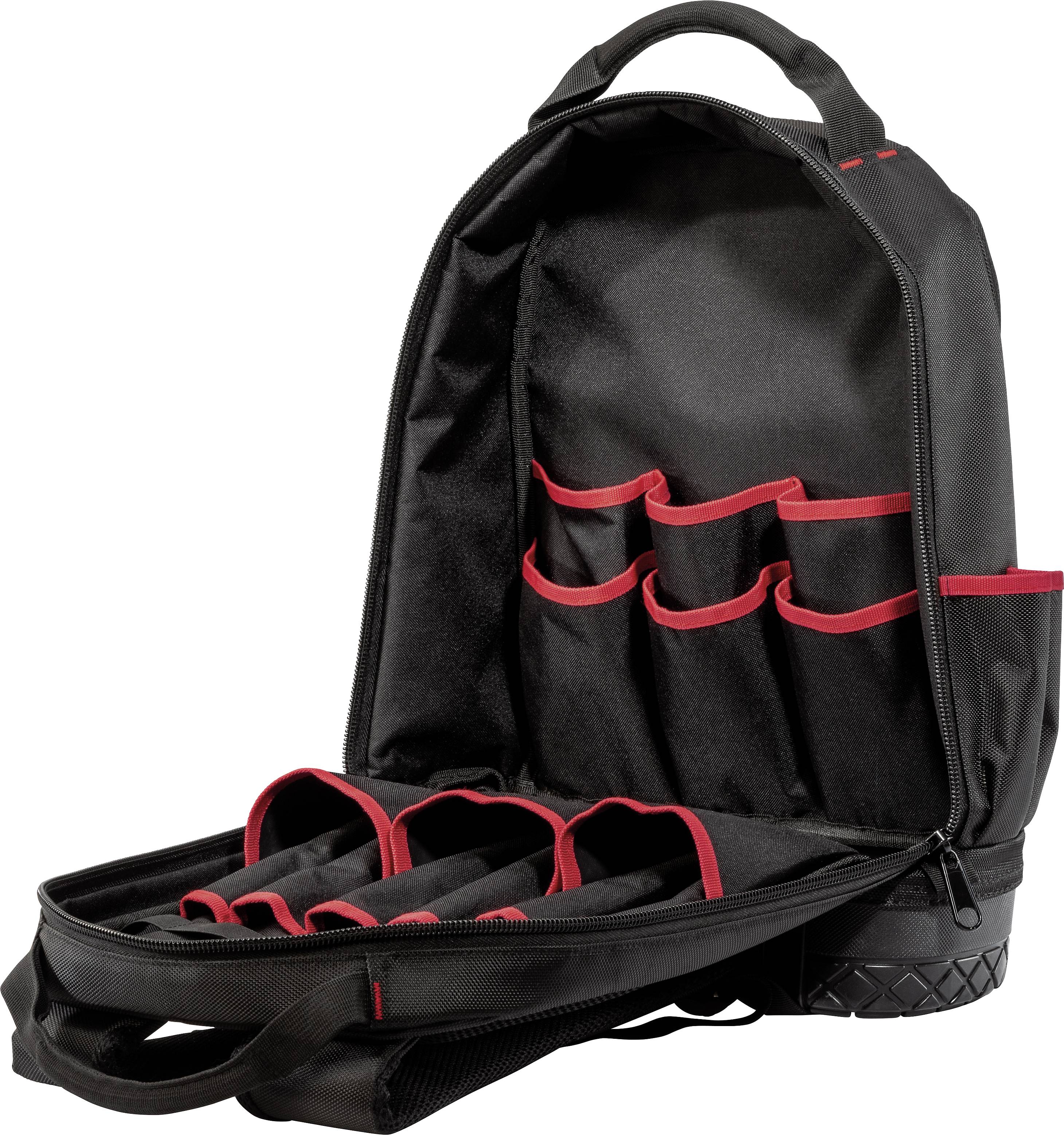 An opened, black tool rucksack with multiple red pockets and loops for organising tools.
