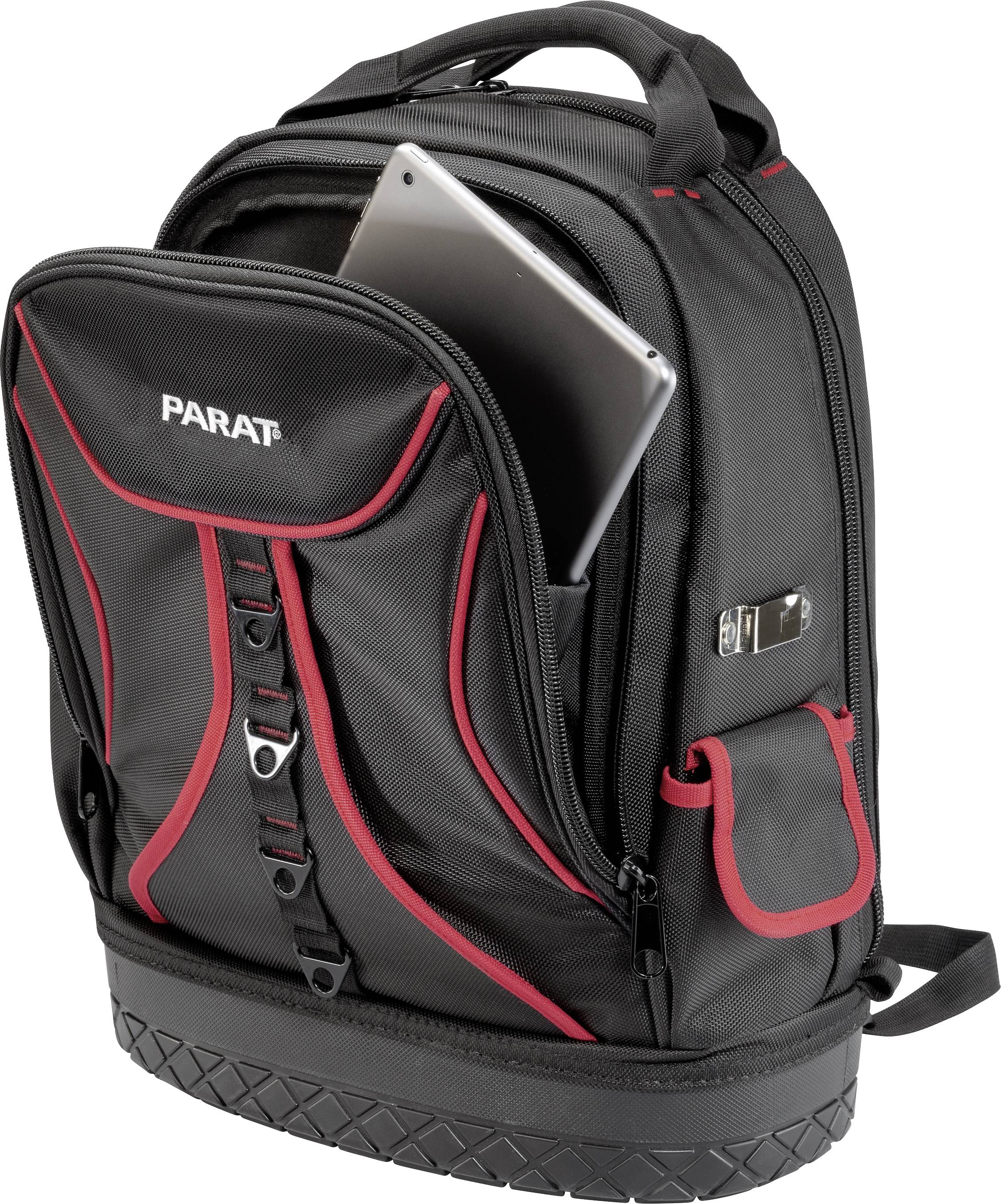 Black rucksack with a red accent, main compartment open revealing a tablet. 'PARAT' marking, robust design with carry handle.