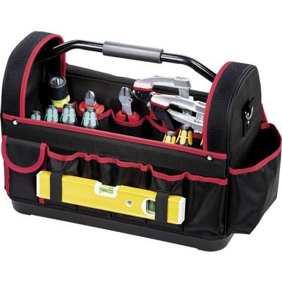 An opened black tool bag with red accents, filled with various hand tools such as pliers, screwdrivers and a spirit level.