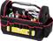 An opened black tool bag with red accents, filled with various hand tools such as pliers, screwdrivers and a spirit level.