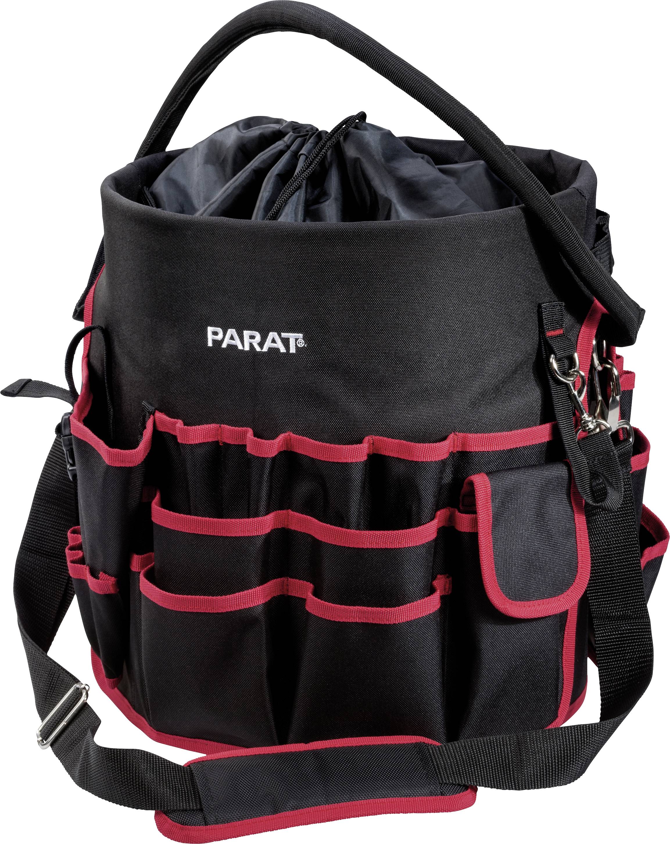 Black tool bag with red trim and multiple compartments, carrying handle and shoulder strap. Brand name 'PARAT' on the bag.