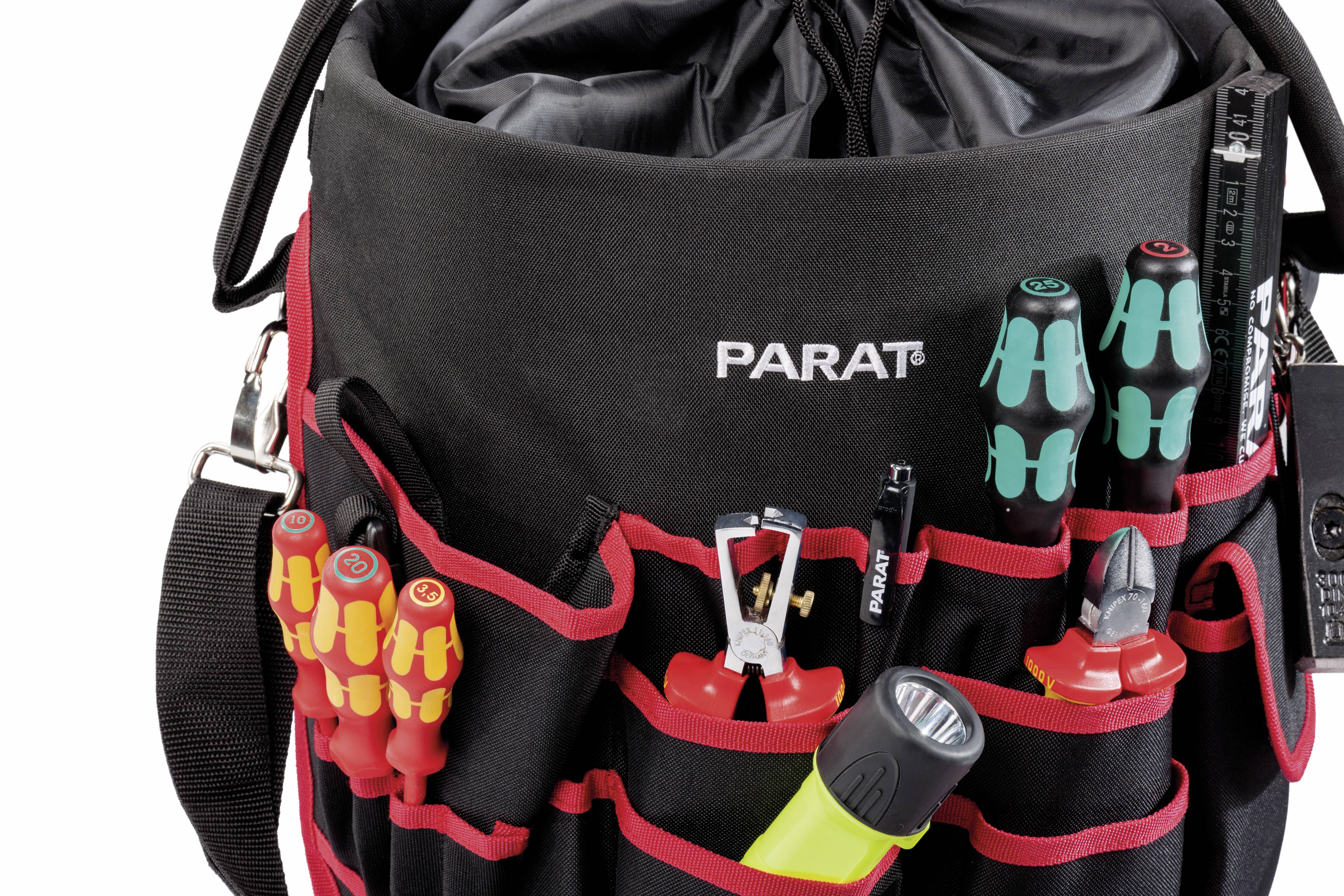 A black tool bag with multiple compartments, filled with screwdrivers, a pair of pliers, and a torch.