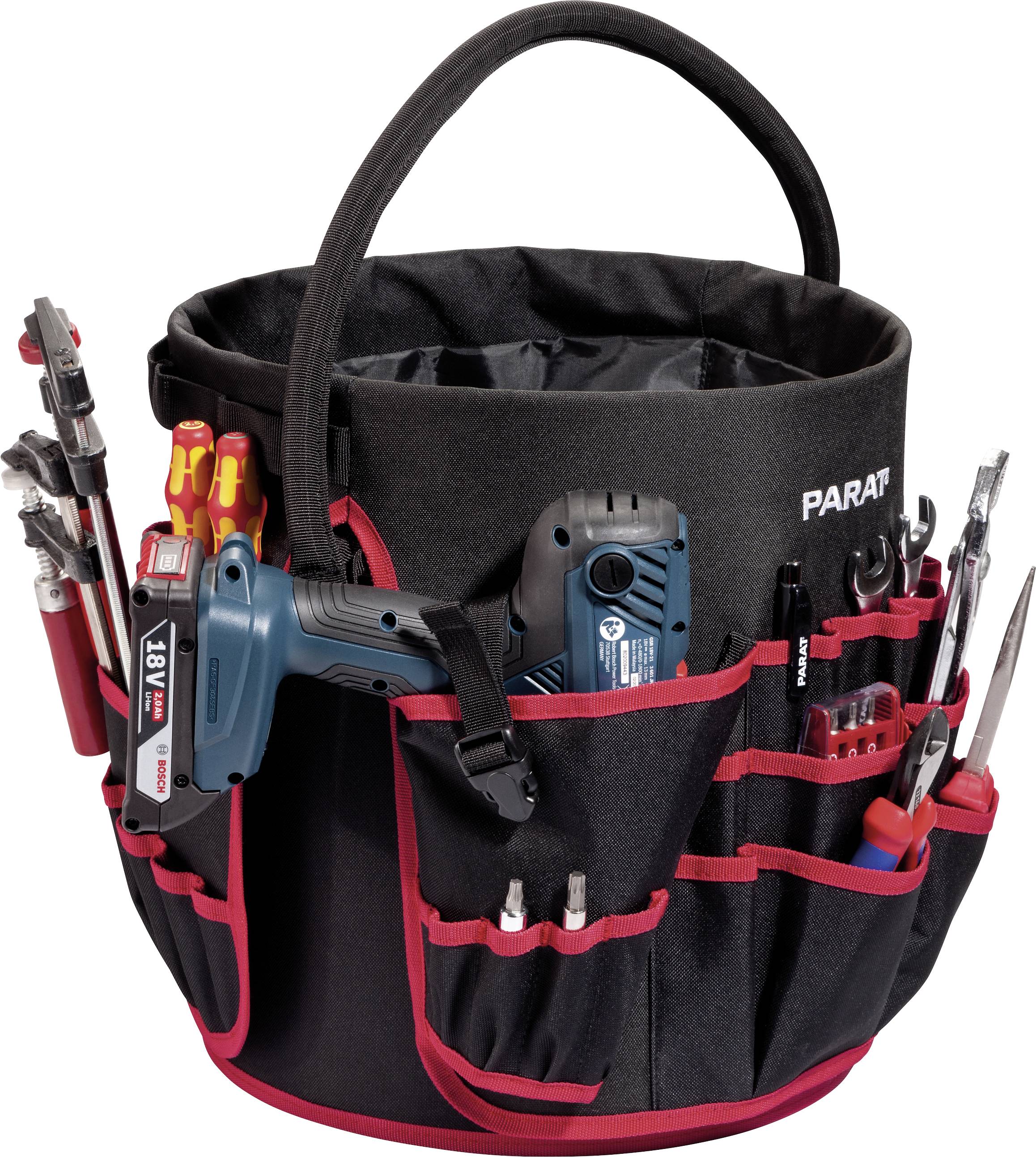 Fabric tool bag with a red trim, filled with various tools including a screwdriver, pliers, and a cordless drill.