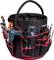 Fabric tool bag with a red trim, filled with various tools including a screwdriver, pliers, and a cordless drill.