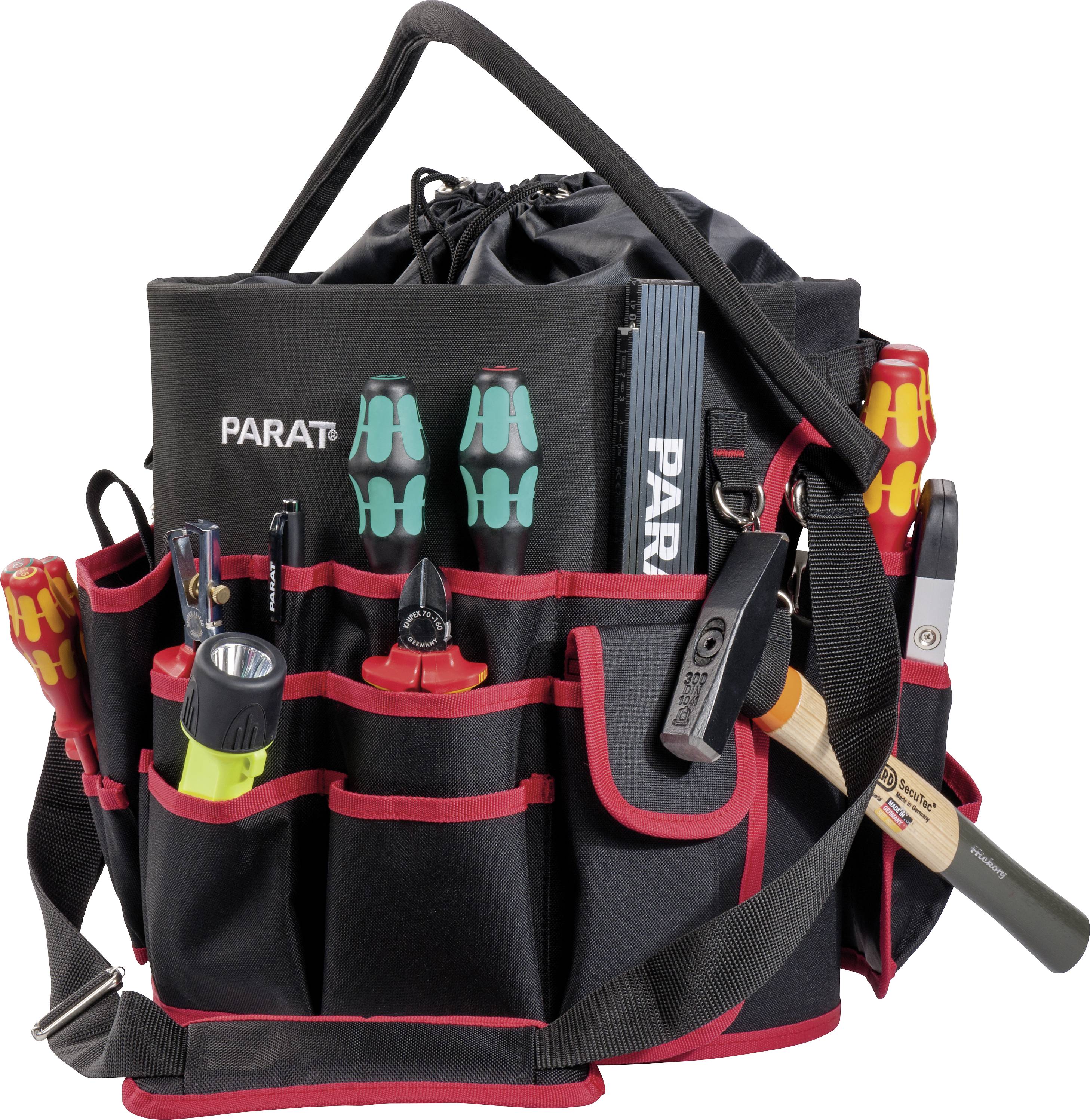 Tool bag with various tools such as screwdrivers, hammer and tape measure, organised in different compartments.