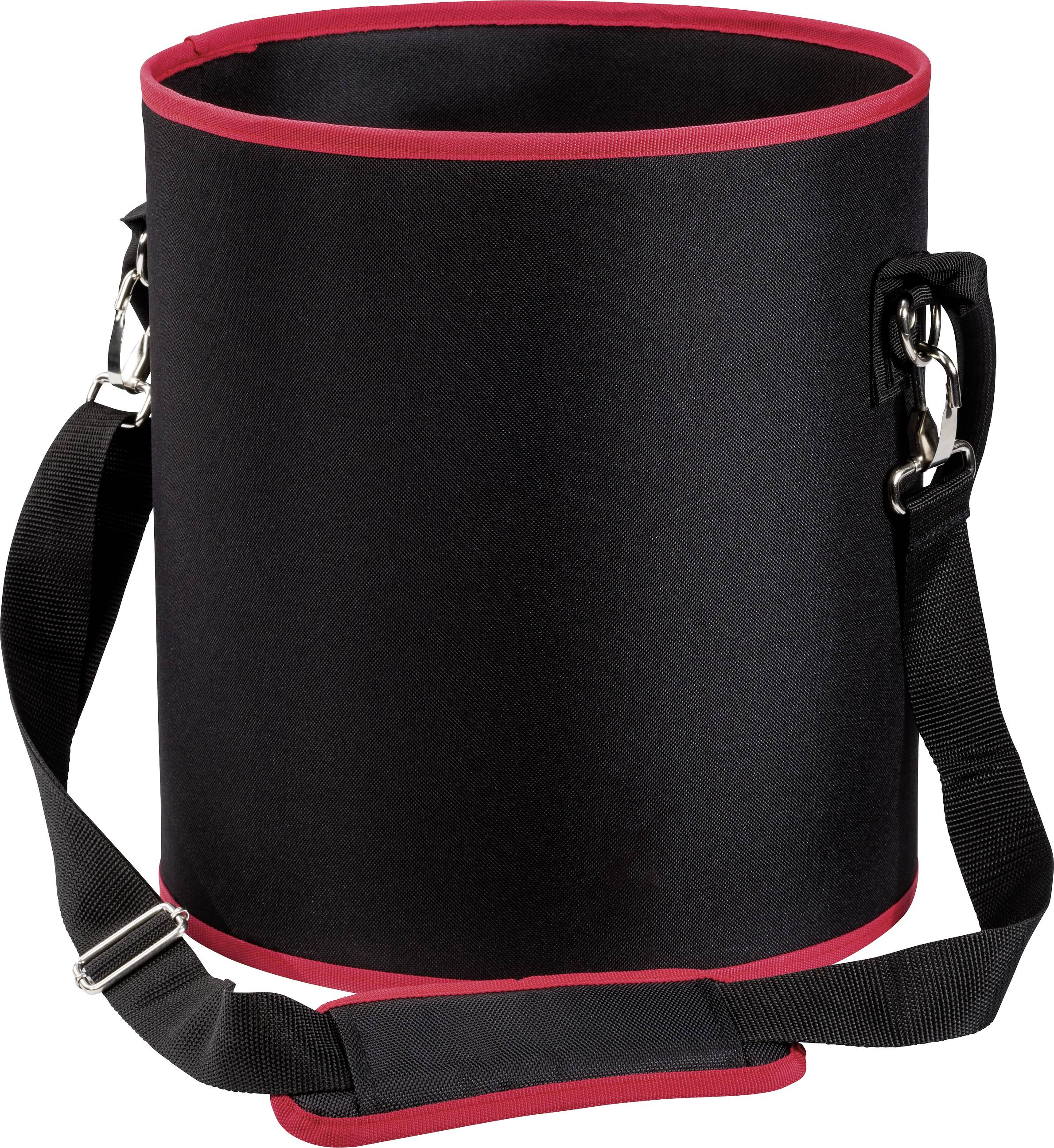 Black cylindrical bucket with a red rim and shoulder strap. Ideal for transportation.