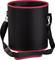 Black cylindrical bucket with a red rim and shoulder strap. Ideal for transportation.