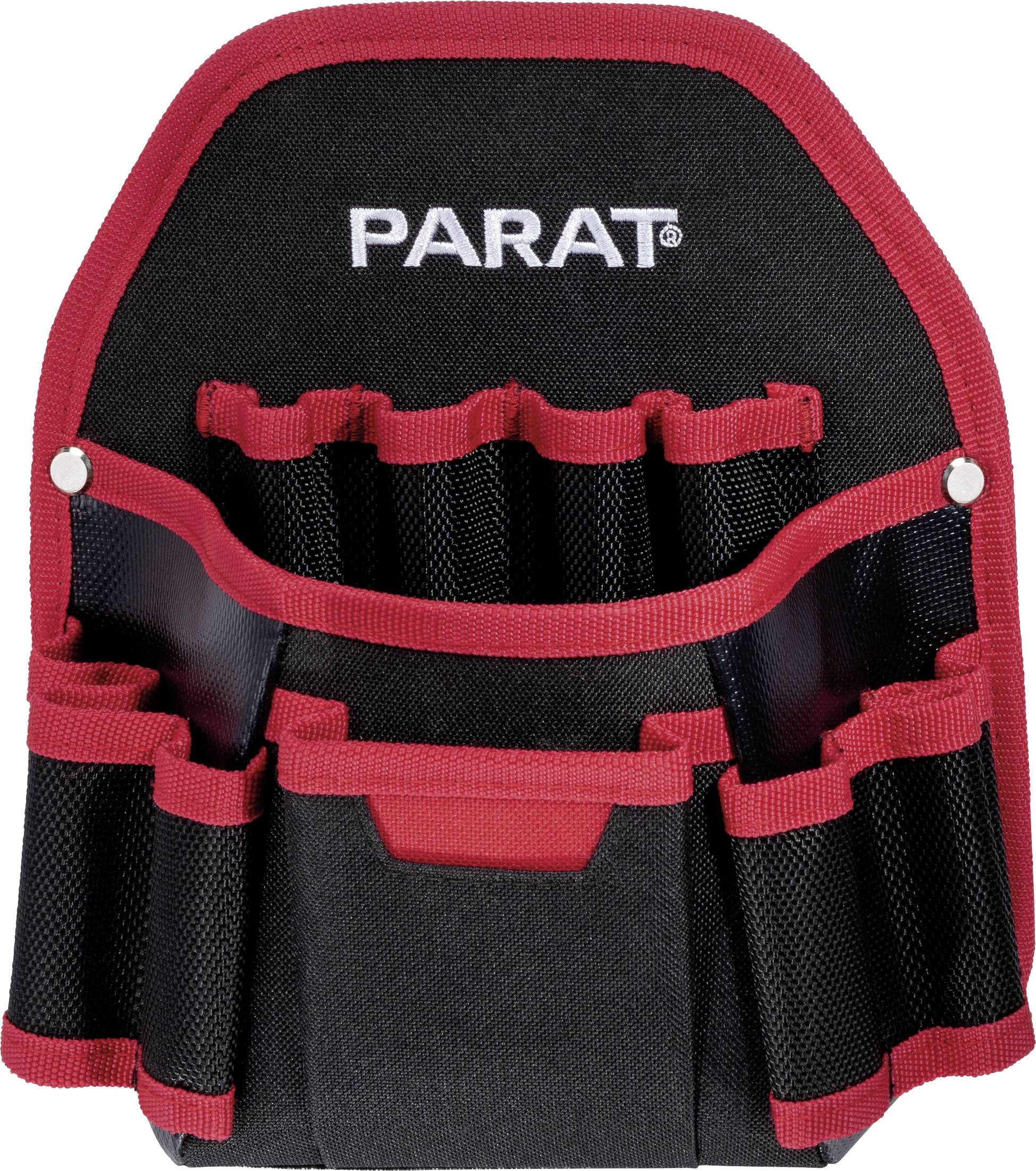 Black tool holder by Parat with multiple pockets and red accents, suitable for storing tools.
