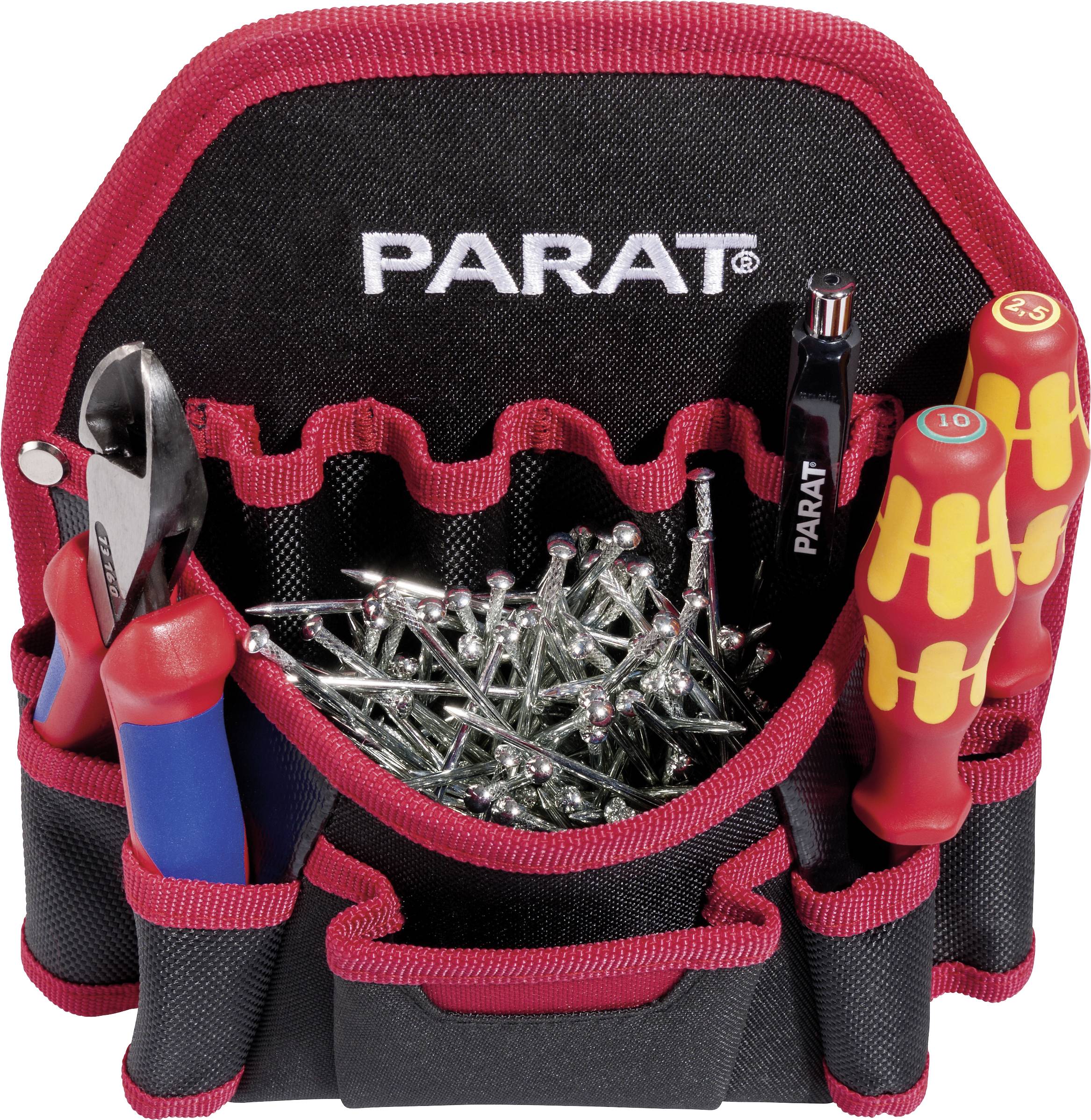 Tool bag with screwdrivers, pliers, pens and nails, black and red. 'Parat' brand printed.
