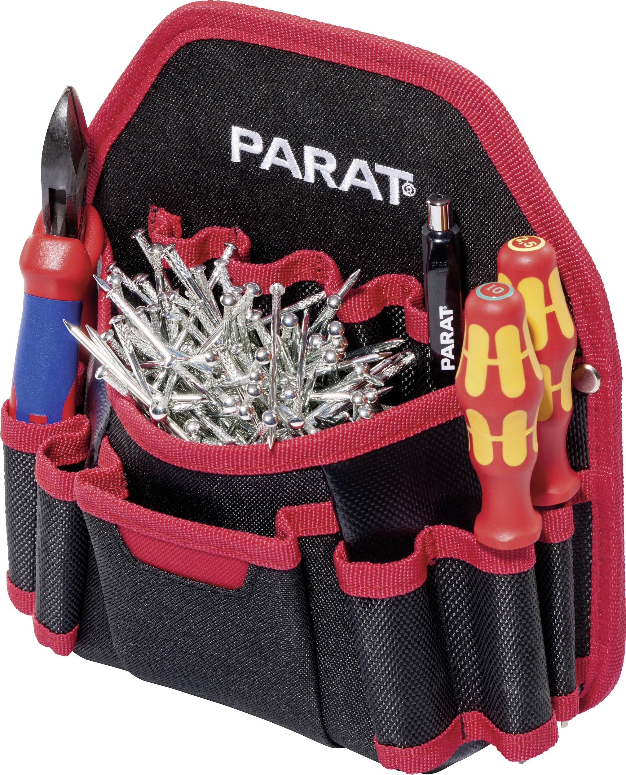A black and red tool pouch with multiple compartments, filled with screwdrivers, a pair of pliers, and a variety of nails.