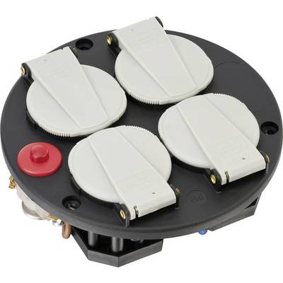 Round black electrical component with four white circular switch modules and a red push button on top.