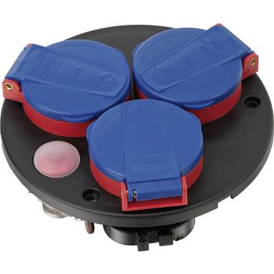 Industrial electrical outlet panel with three blue weatherproof covers and one red indicator light on a black circular base.