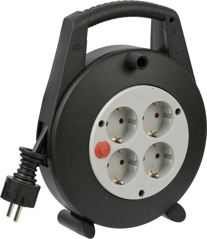 Black cable reel with four outlets and a red switch, suitable for indoor use for power distribution.